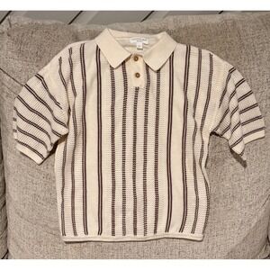 Grayson Mini Toddler Boys 5T Knit Polo Sweater Cream Brown Striped Short Sleeve